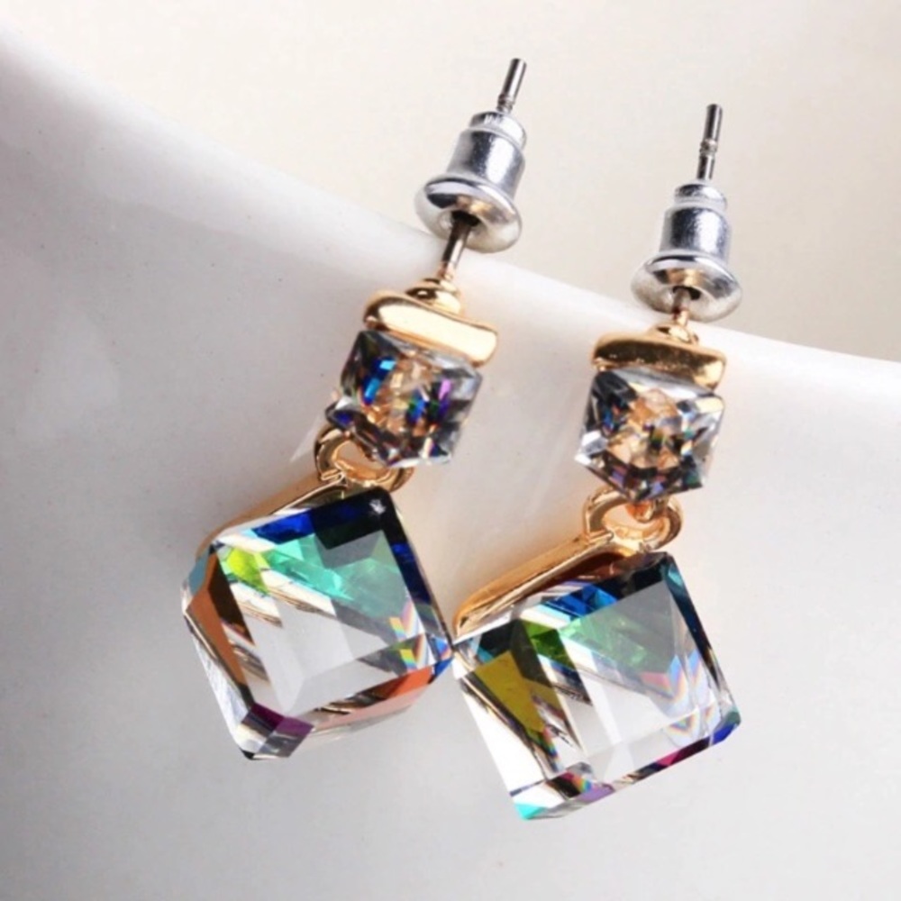 Iridescent Crystal Drop Earrings with Gold-Tone Links - Picture 2 of 8